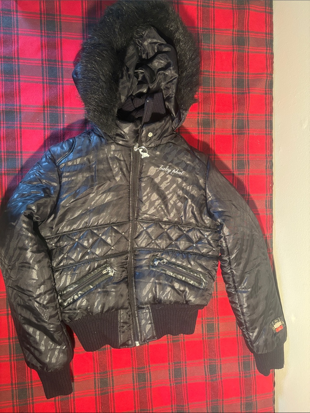 Baby Phat Black Quilted Hooded Puffer Jacket with Faux Fur Trim